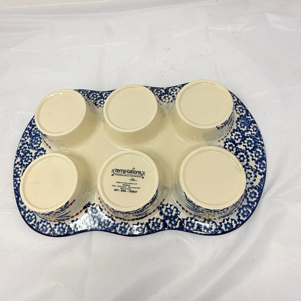 Temp-tations Old World Blue Floral Ceramic 6 Cup Muffin Pan